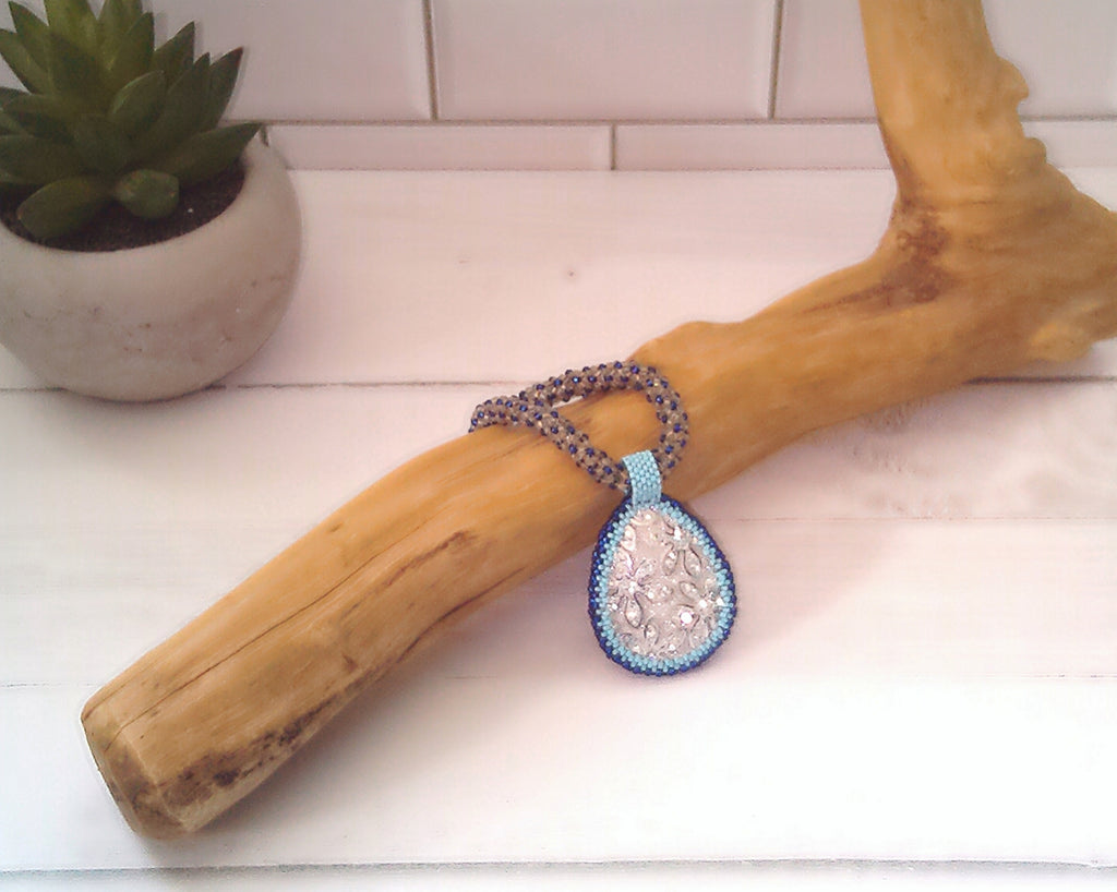 Beaded Necklace with Silver Acrylic Pendant, Chenille Stitch Bead Work, 19 Inch