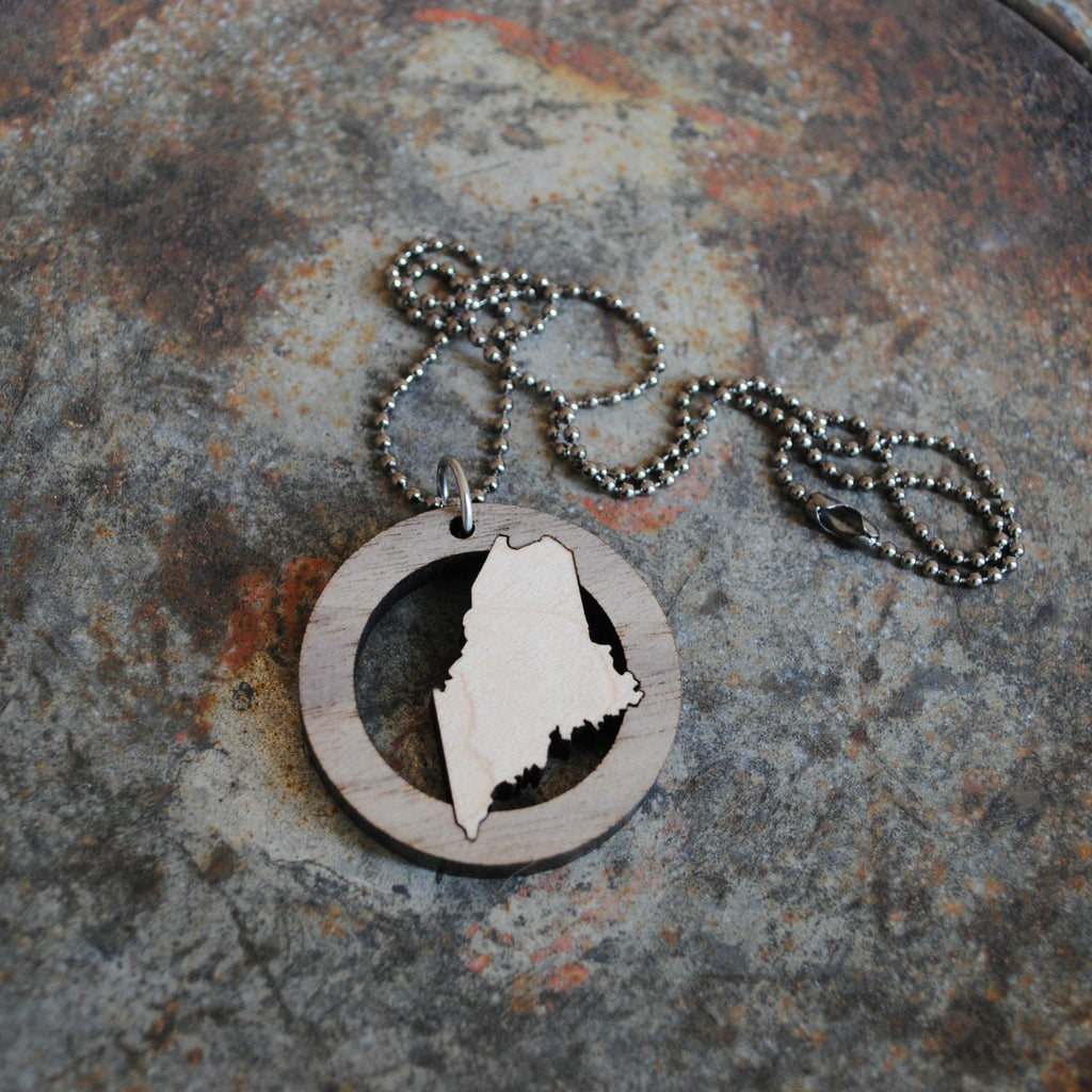 Wooden Maine State Necklace