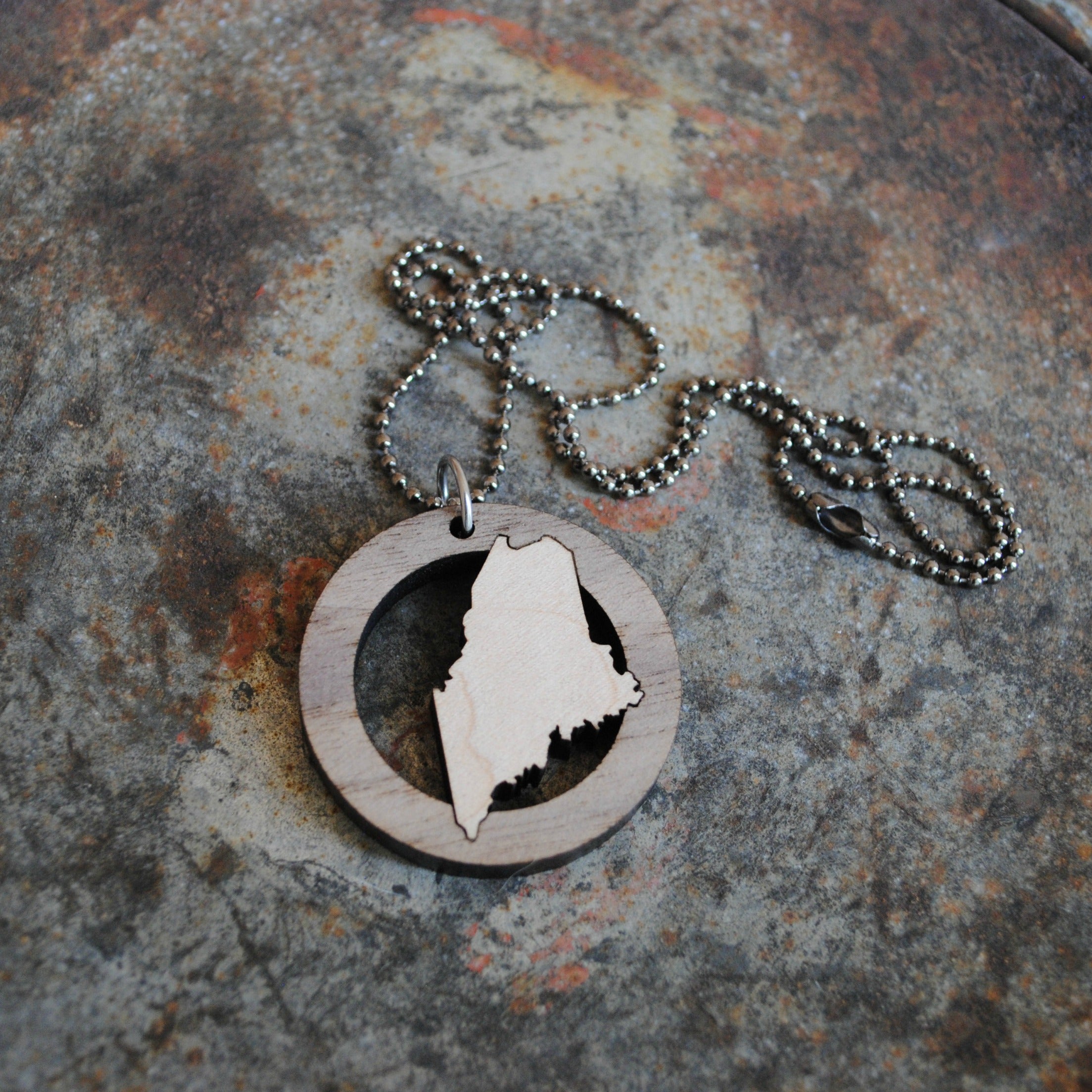 Wooden Maine State Necklace