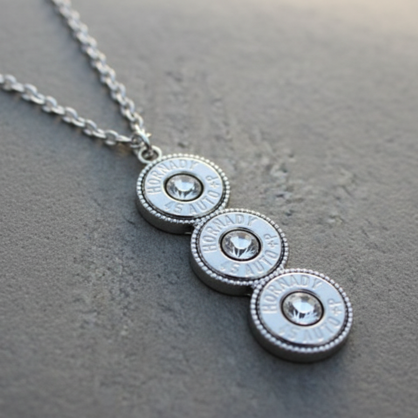 Triple .45 Caliber Bullet Necklace – Silver with Crystal, 18" Chain