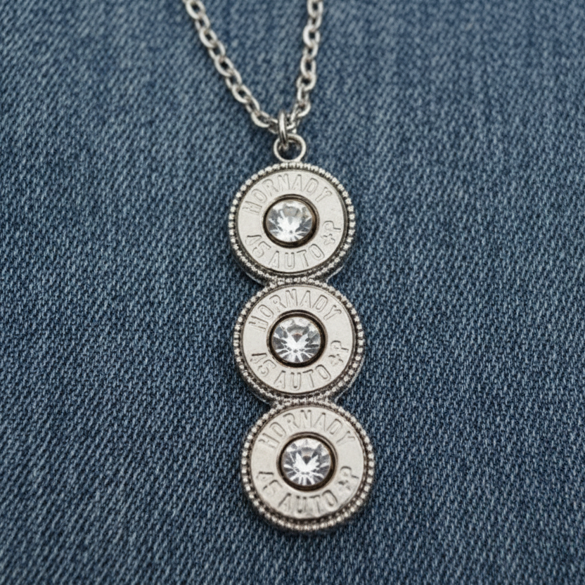 Triple .45 Caliber Bullet Necklace – Silver with Crystal, 18" Chain