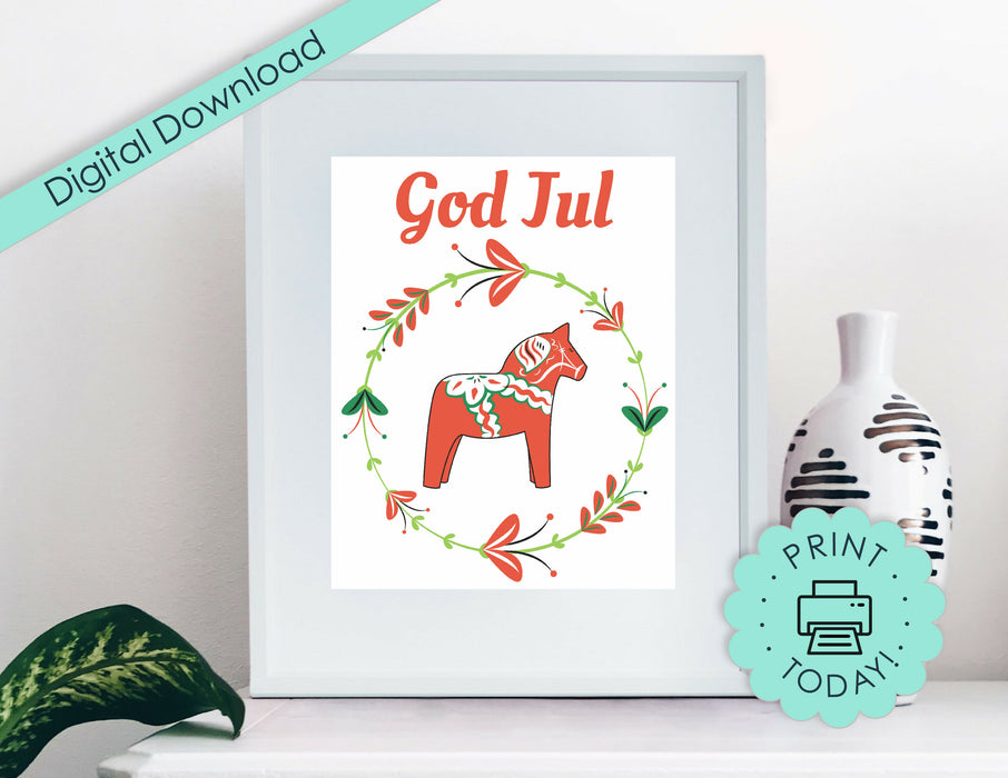Dala Horse Wall Art Print, Swedish Dalahorse Welcome Sign, Instant Digital Printable Download