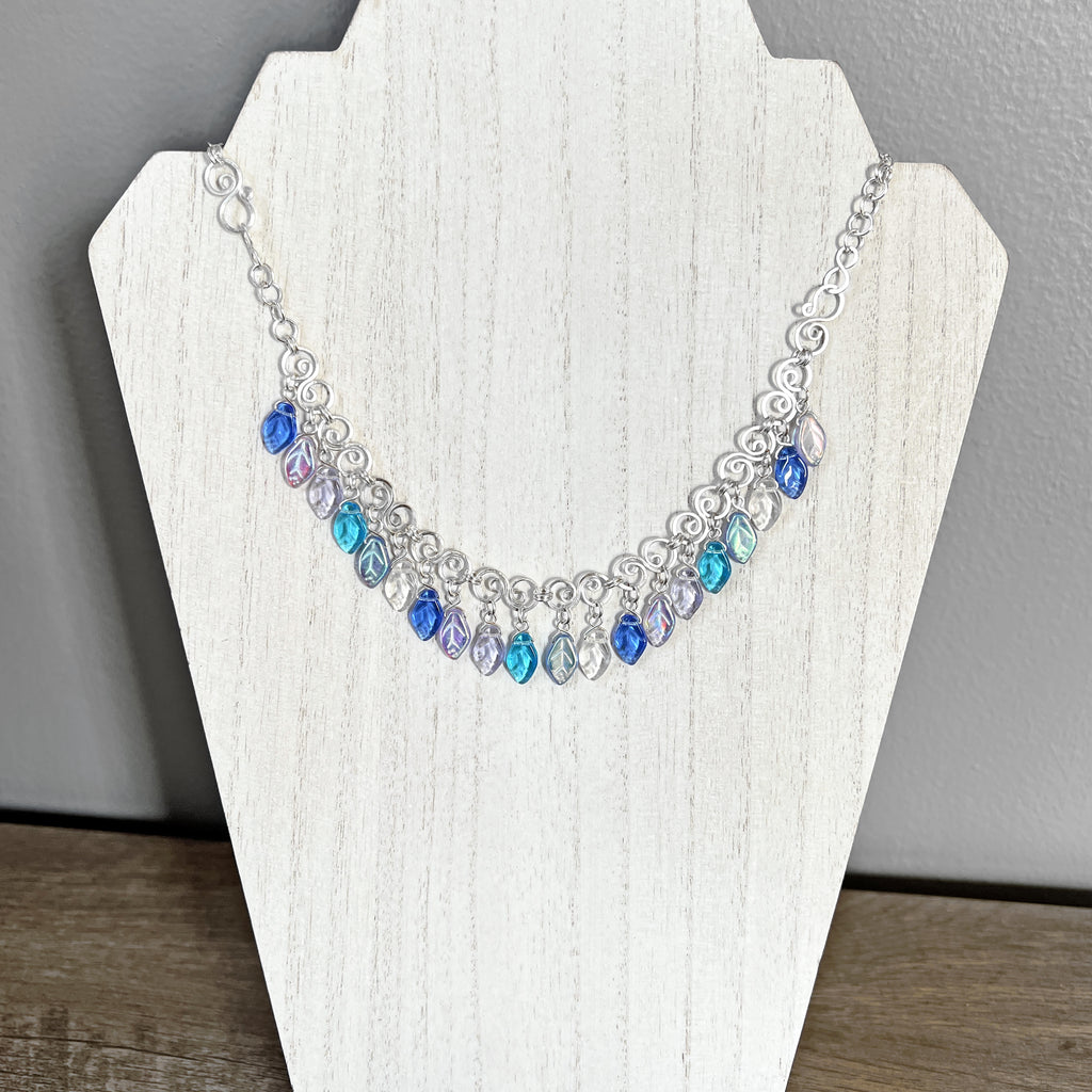 Wire Spring Blue Glass Leaf Necklace/Bracelet, 21 Inches Long