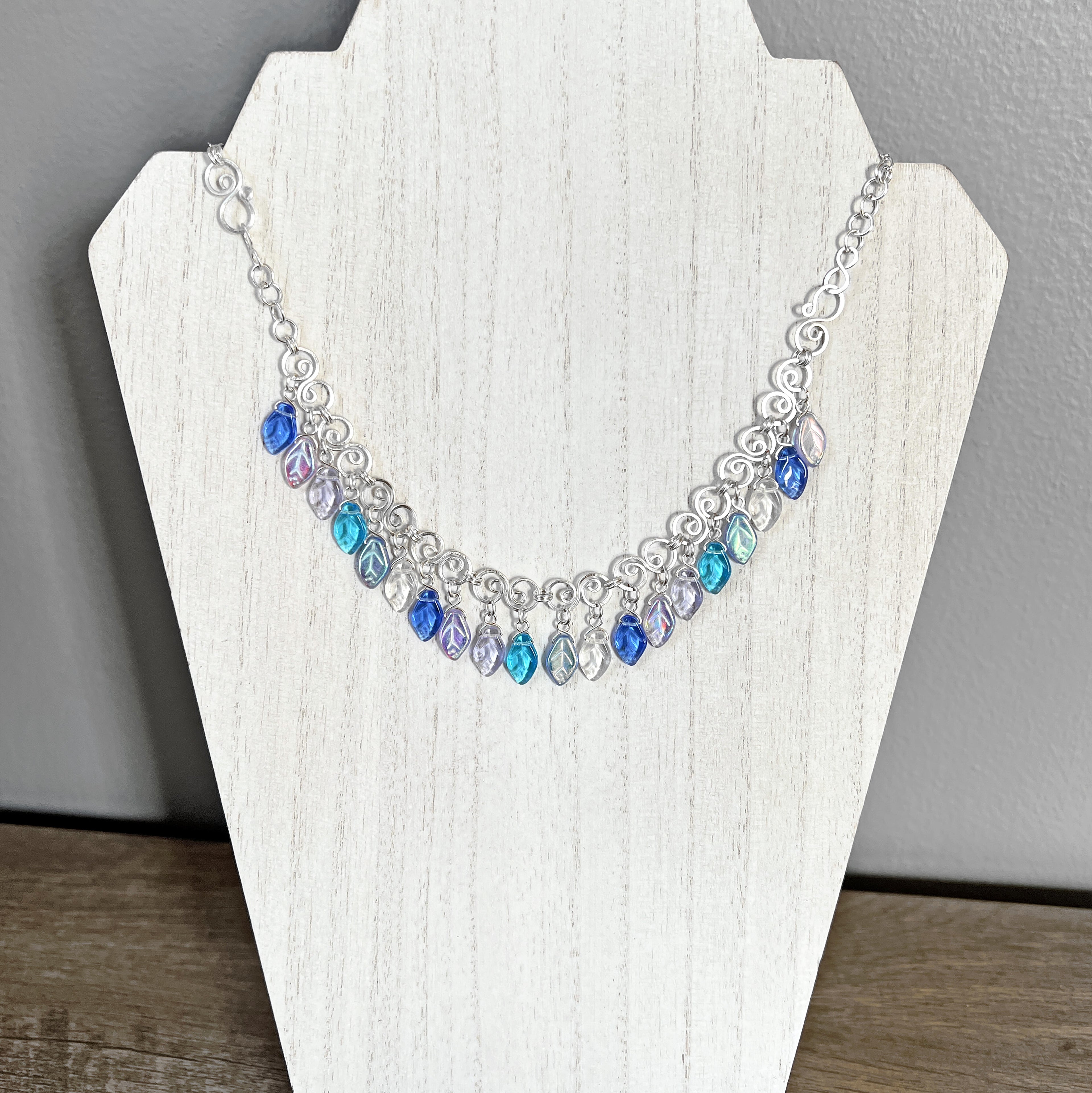 Wire Spring Blue Glass Leaf Necklace/Bracelet, 21 Inches Long