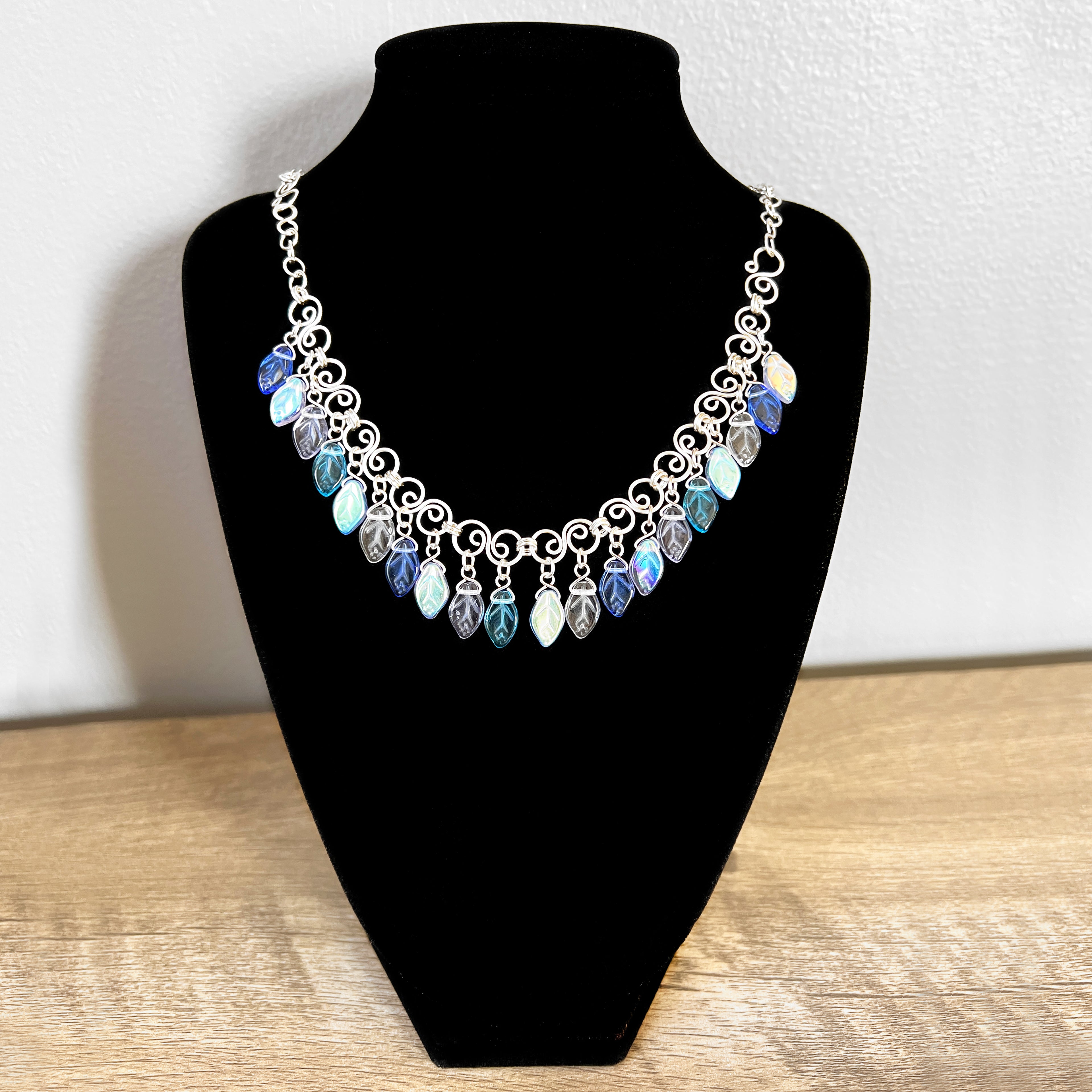 Wire Spring Blue Glass Leaf Necklace/Bracelet, 21 Inches Long