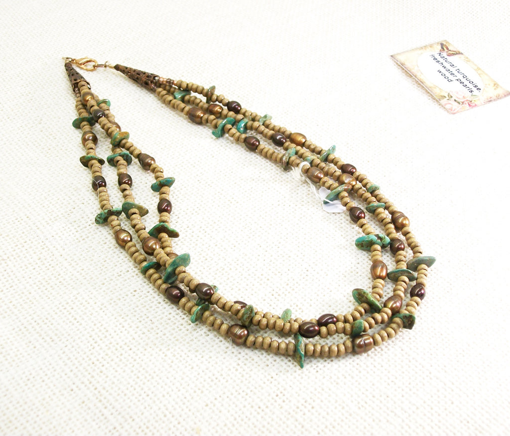 Natural turquoise and chocolate colored freshwater pearls 3 strand necklace, multistrand necklace in brown and turquoise