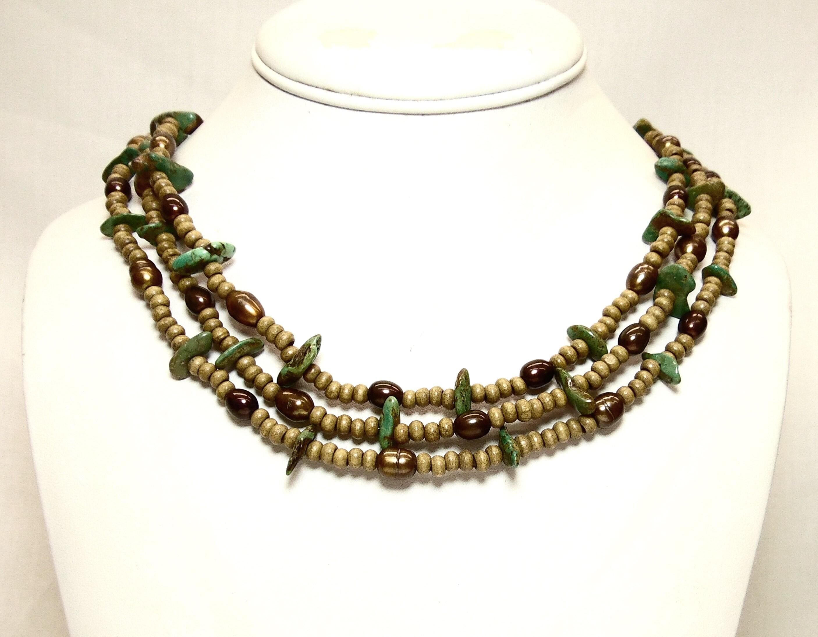 Natural turquoise and chocolate colored freshwater pearls 3 strand necklace, multistrand necklace in brown and turquoise
