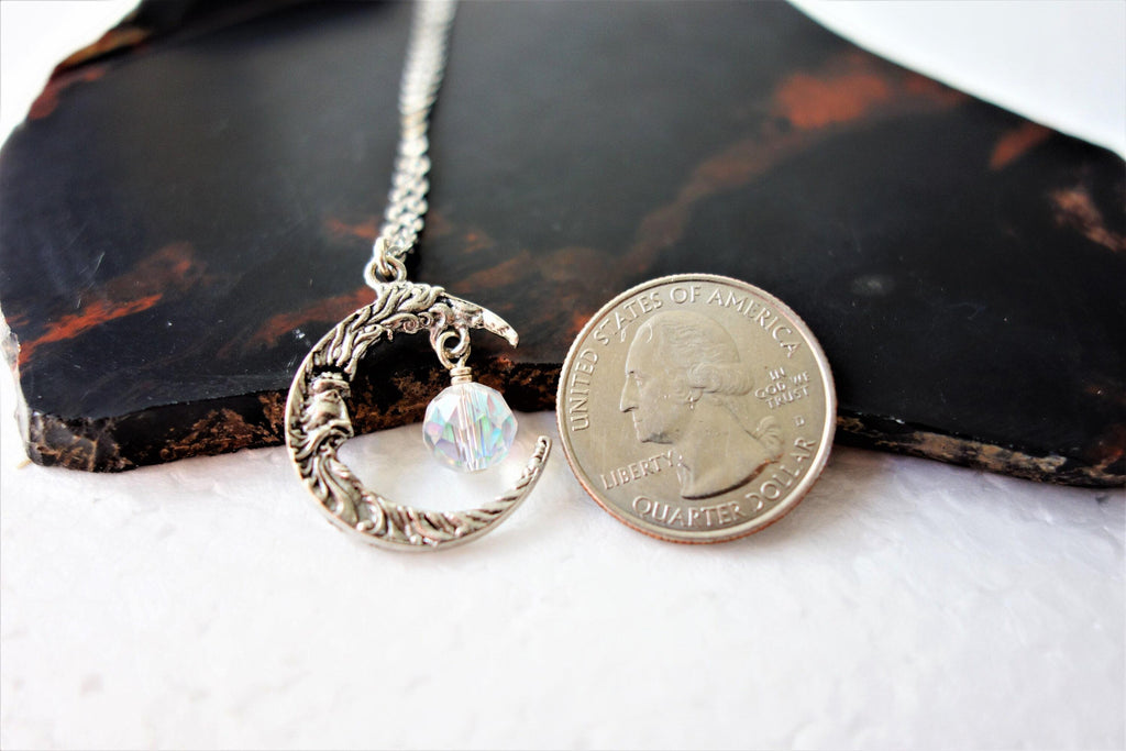 Crescent Moon Necklace, Man in the Moon Pendant with Crystal Dangle