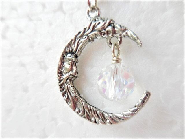 Crescent Moon Necklace, Man in the Moon Pendant with Crystal Dangle