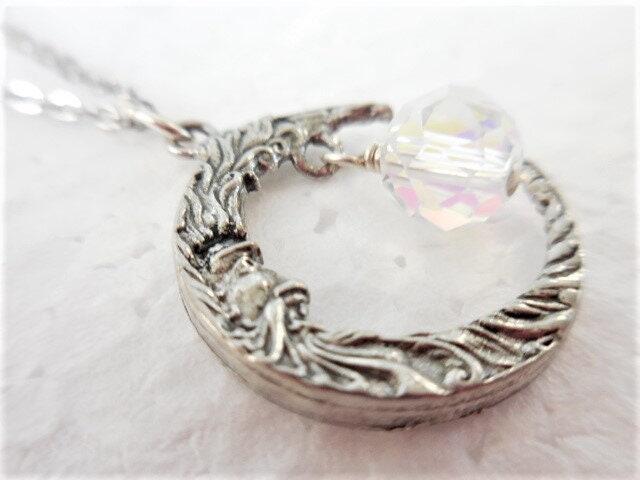 Crescent Moon Necklace, Man in the Moon Pendant with Crystal Dangle