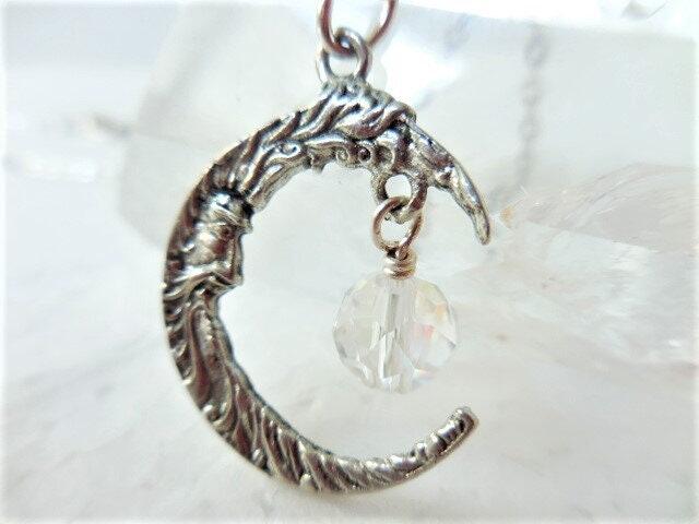 Crescent Moon Necklace, Man in the Moon Pendant with Crystal Dangle