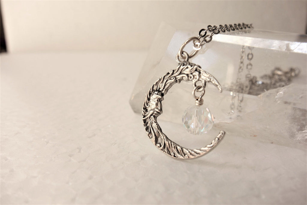 Crescent Moon Necklace, Man in the Moon Pendant with Crystal Dangle