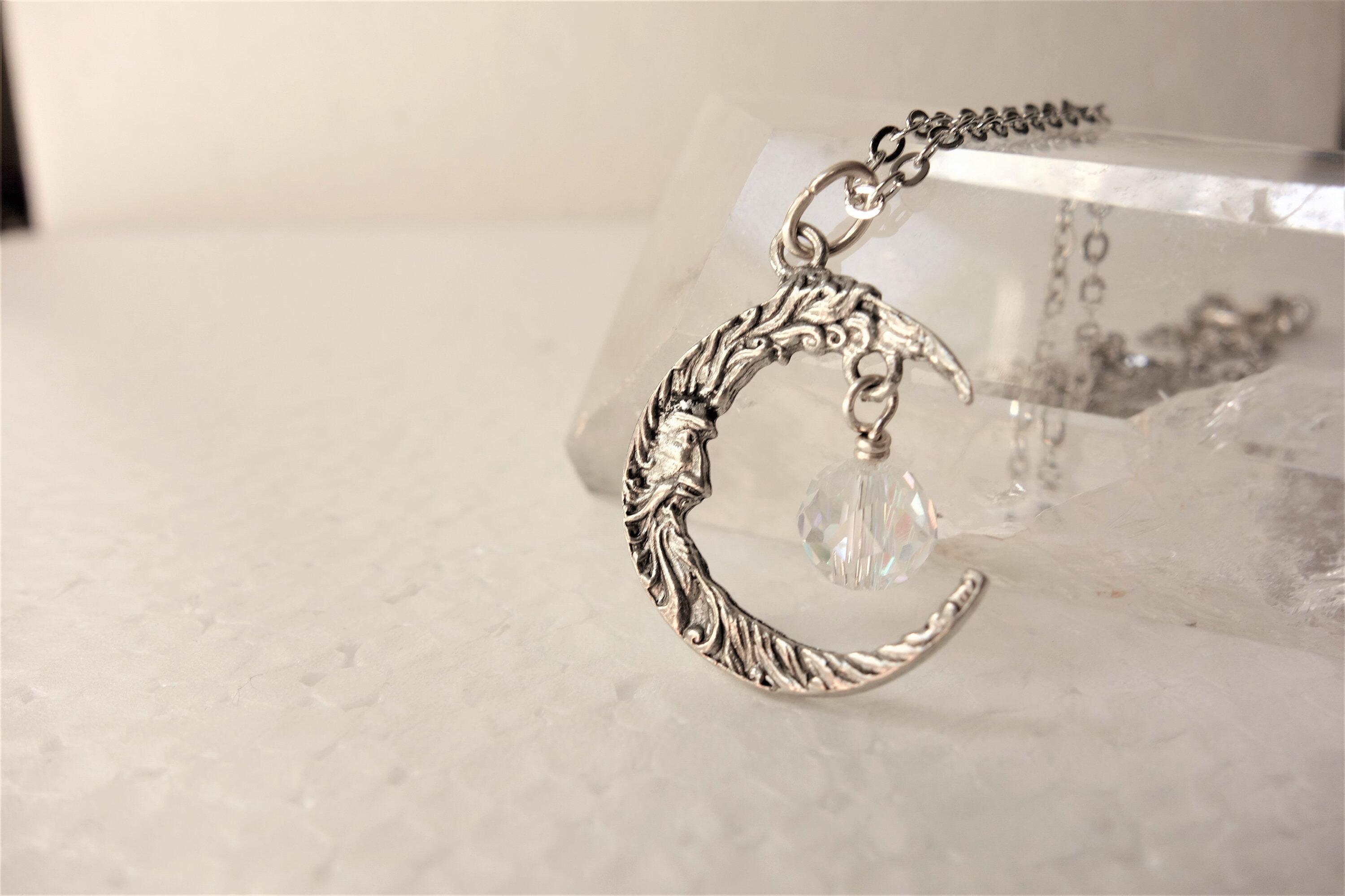 Crescent Moon Necklace, Man in the Moon Pendant with Crystal Dangle