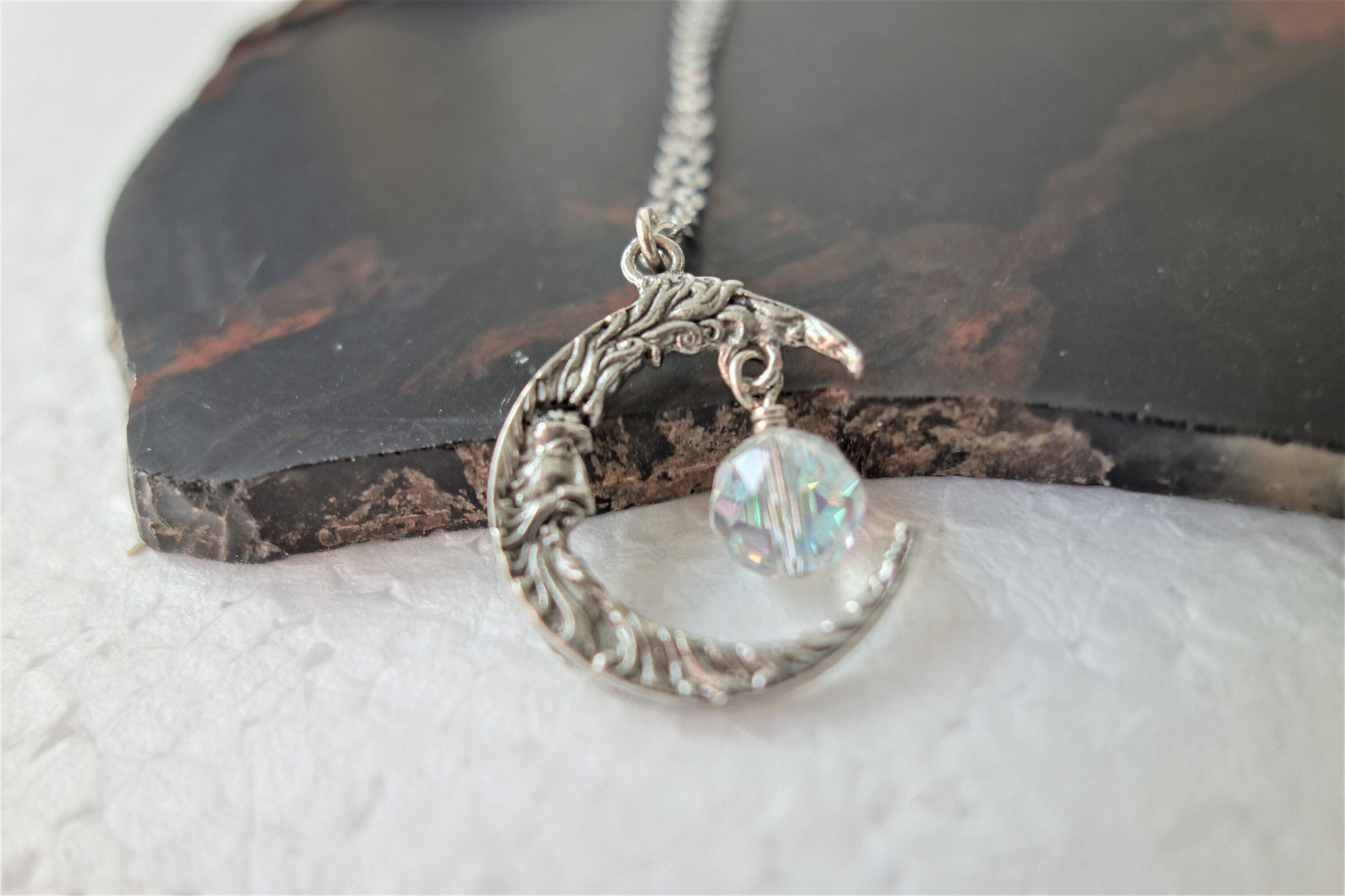 Crescent Moon Necklace, Man in the Moon Pendant with Crystal Dangle
