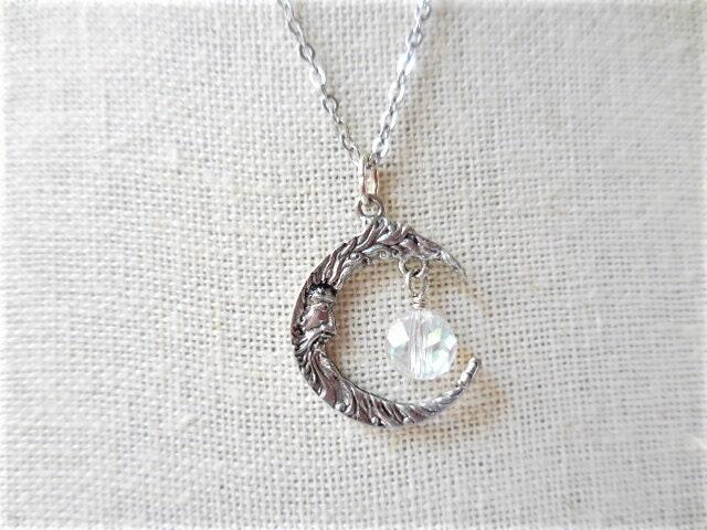 Crescent Moon Necklace, Man in the Moon Pendant with Crystal Dangle