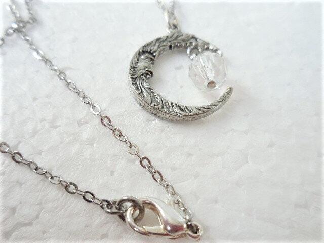 Crescent Moon Necklace, Man in the Moon Pendant with Crystal Dangle