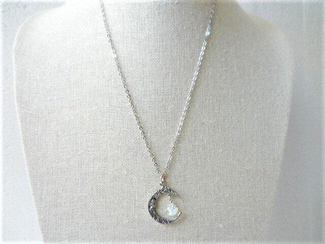 Crescent Moon Necklace, Man in the Moon Pendant with Crystal Dangle
