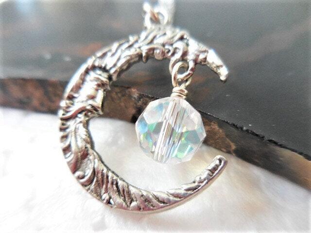Crescent Moon Necklace, Man in the Moon Pendant with Crystal Dangle