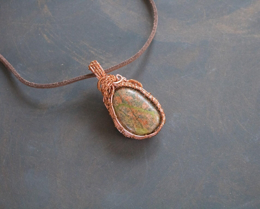 Unakite Necklace, Copper Wire Wrapped Pendant, Birthday Gifts, Gifts For Women, Pagan Jewelry