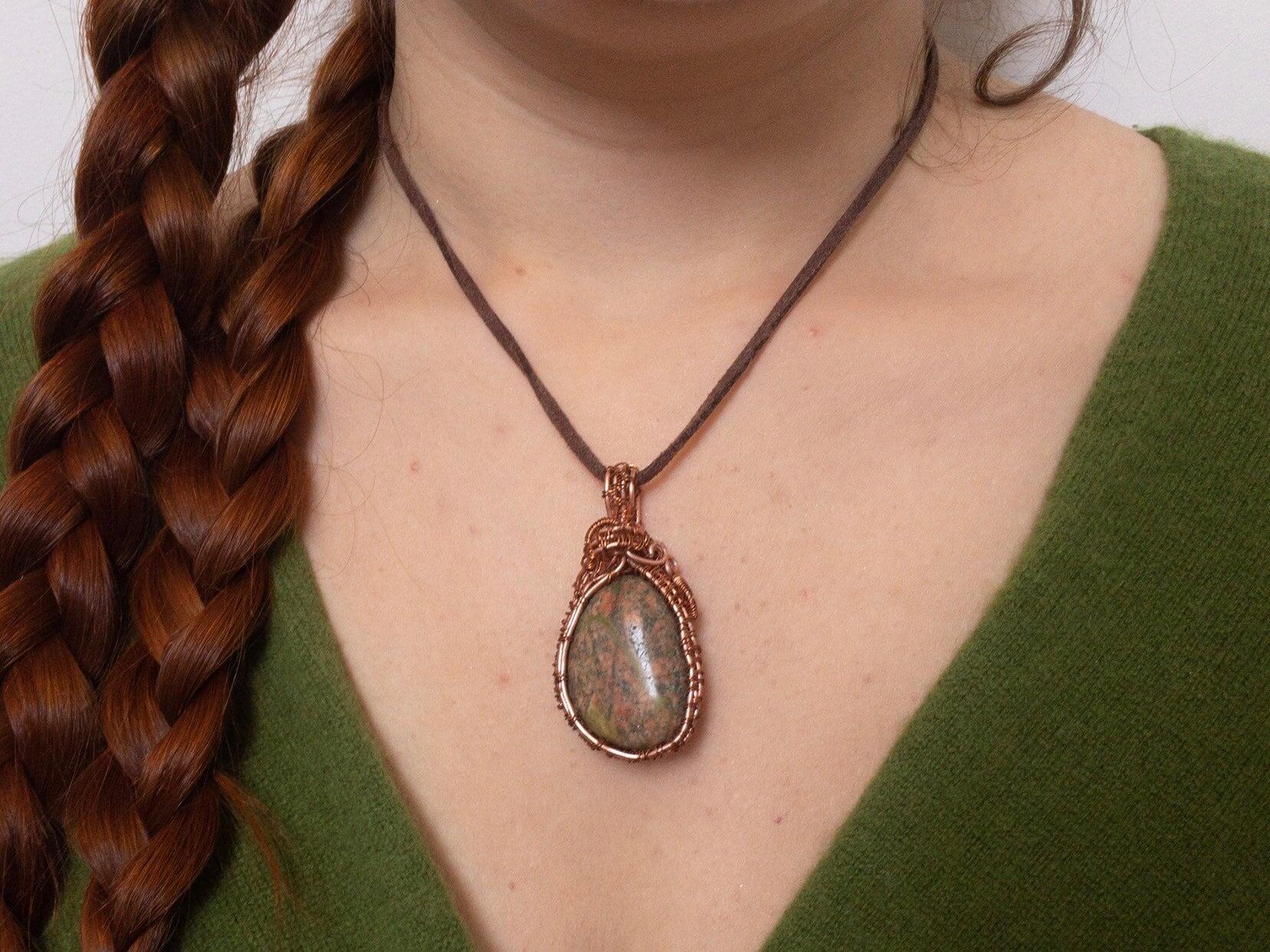 Unakite Necklace, Copper Wire Wrapped Pendant, Birthday Gifts, Gifts For Women, Pagan Jewelry
