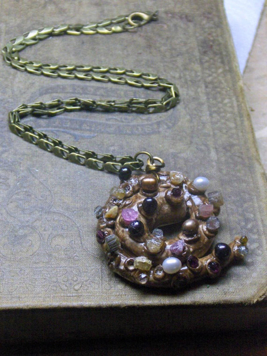 Briny Deep Treasures Necklace Polymer Clay Squid Tenctacle arm Pearls Herkimer Pink Green Black Tourmaline Crystals