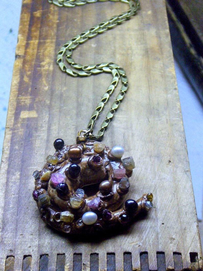 Briny Deep Treasures Necklace Polymer Clay Squid Tenctacle arm Pearls Herkimer Pink Green Black Tourmaline Crystals