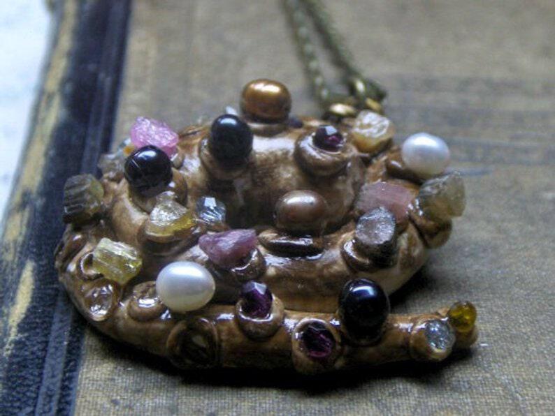 Briny Deep Treasures Necklace Polymer Clay Squid Tenctacle arm Pearls Herkimer Pink Green Black Tourmaline Crystals