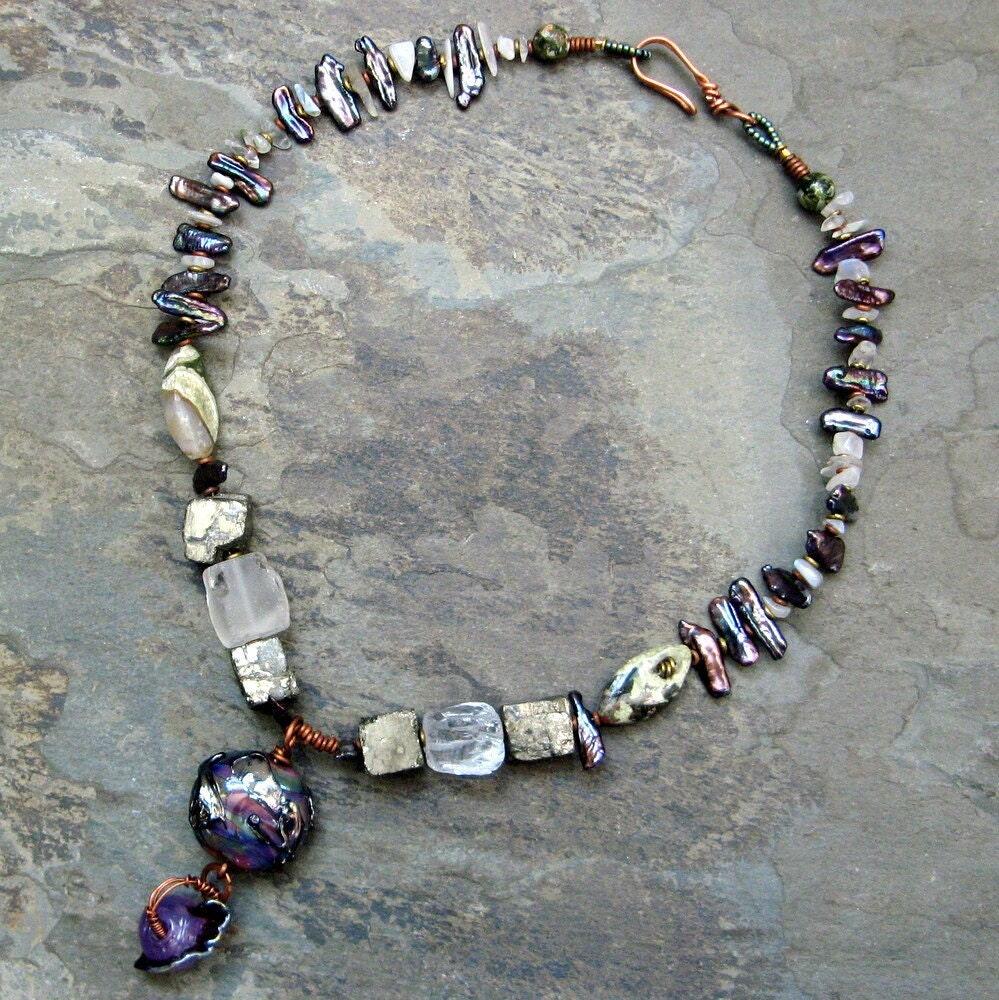 merchant's lady-- pearl, gemstone and art glass necklace-- handmade by thebeadedlily