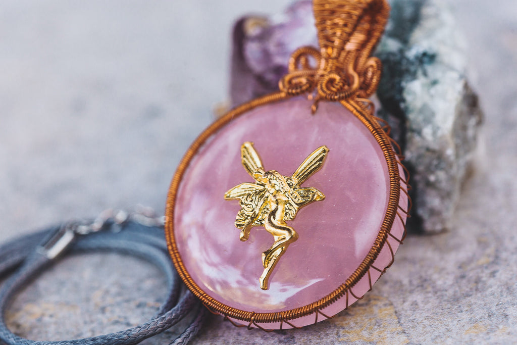 Pink Fairy Necklace, Rose Quartz Pendant, Copper Wire Wrapped Necklace, Anniversary Gift for Wife, Pagan Jewelry