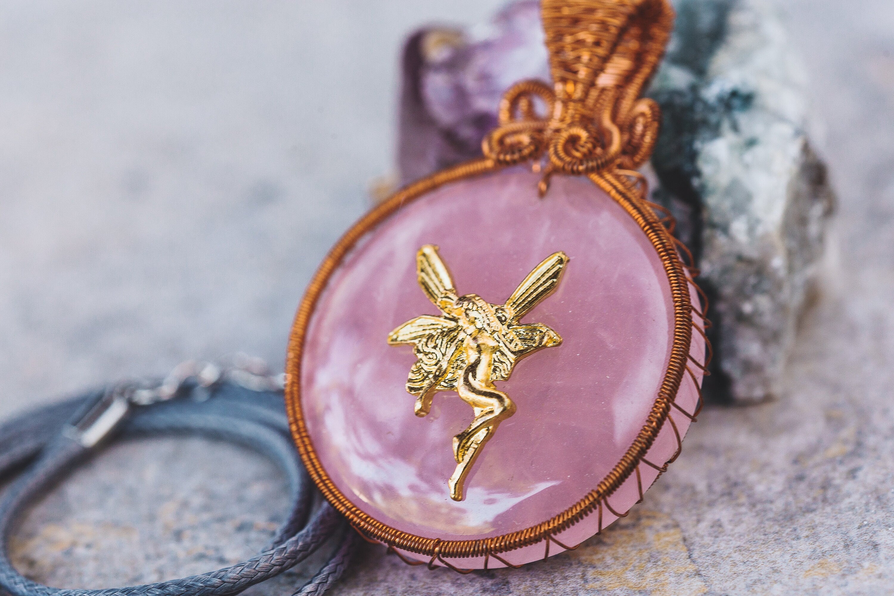 Pink Fairy Necklace, Rose Quartz Pendant, Copper Wire Wrapped Necklace, Anniversary Gift for Wife, Pagan Jewelry