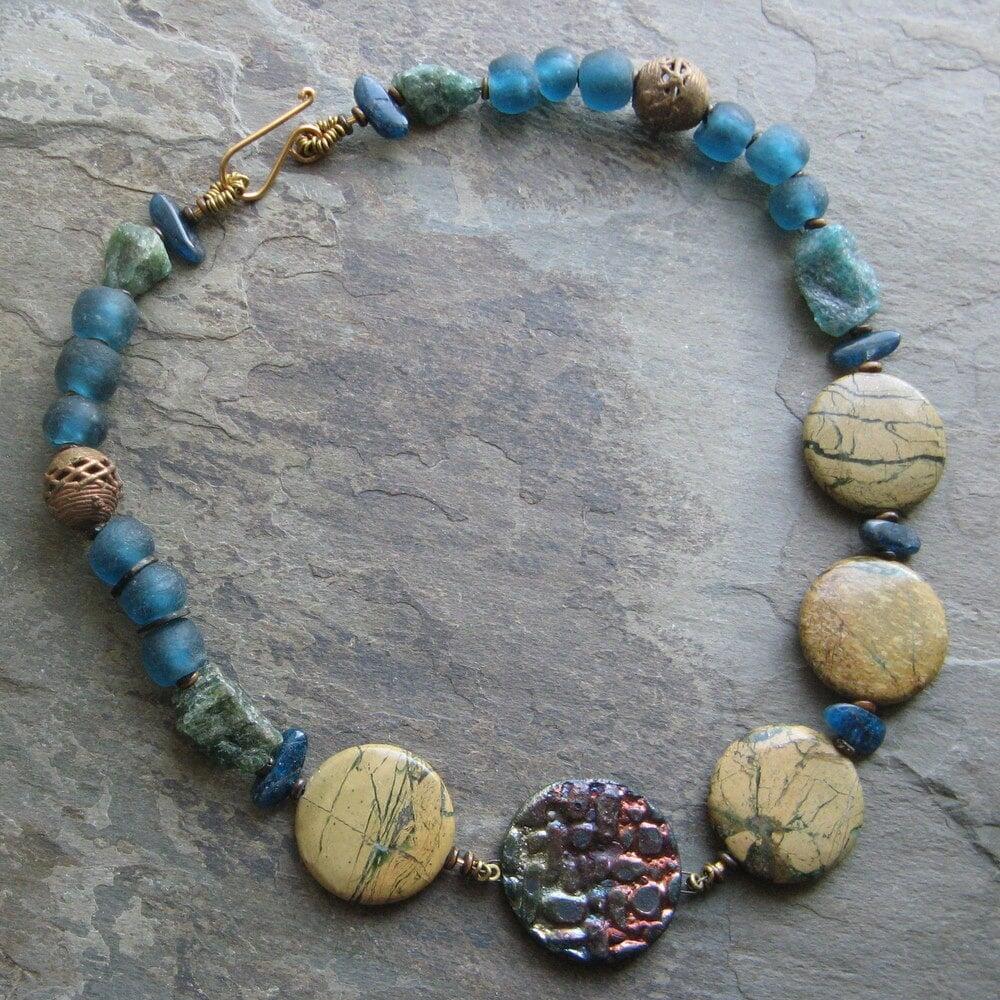 saur-- raku, trade bead and verdite disk necklace, large statement necklace-- handmade by thebeadedlily