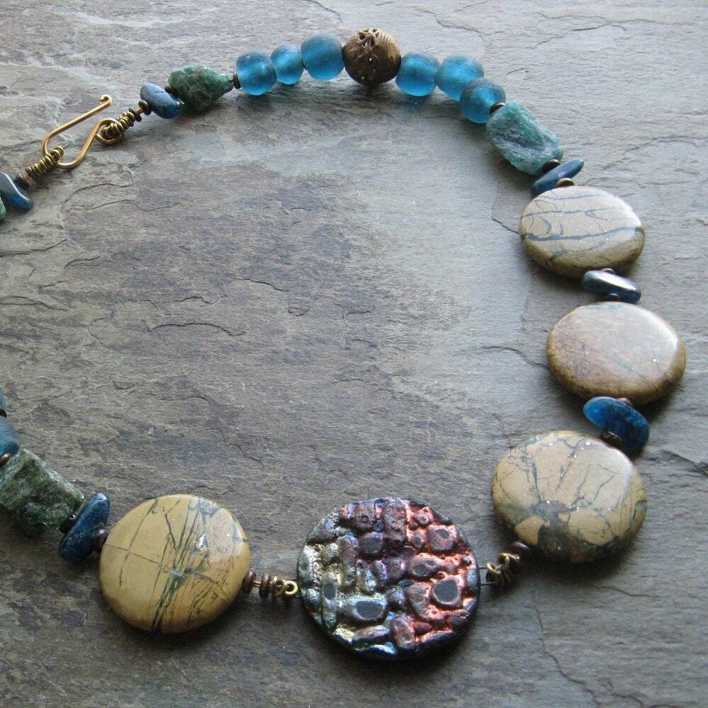 saur-- raku, trade bead and verdite disk necklace, large statement necklace-- handmade by thebeadedlily