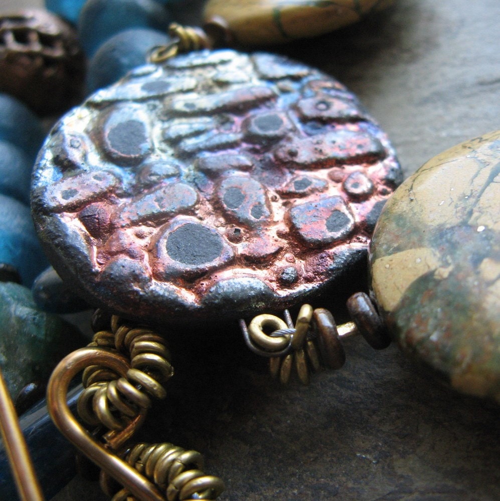 saur-- raku, trade bead and verdite disk necklace, large statement necklace-- handmade by thebeadedlily