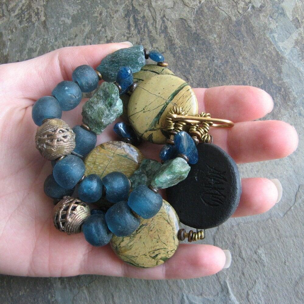 saur-- raku, trade bead and verdite disk necklace, large statement necklace-- handmade by thebeadedlily
