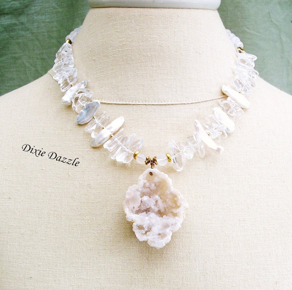 Special occasion natural crystal geode pendant necklace, quartz crystal, BIWA pearls. adjustable necklace, beach wedding, formal gala