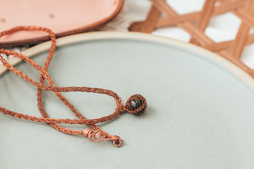 Black Onyx Jewelry Set, Copper Wire Wrapped, Necklace, Earrings, Gifts for Women, Pagan Gifts