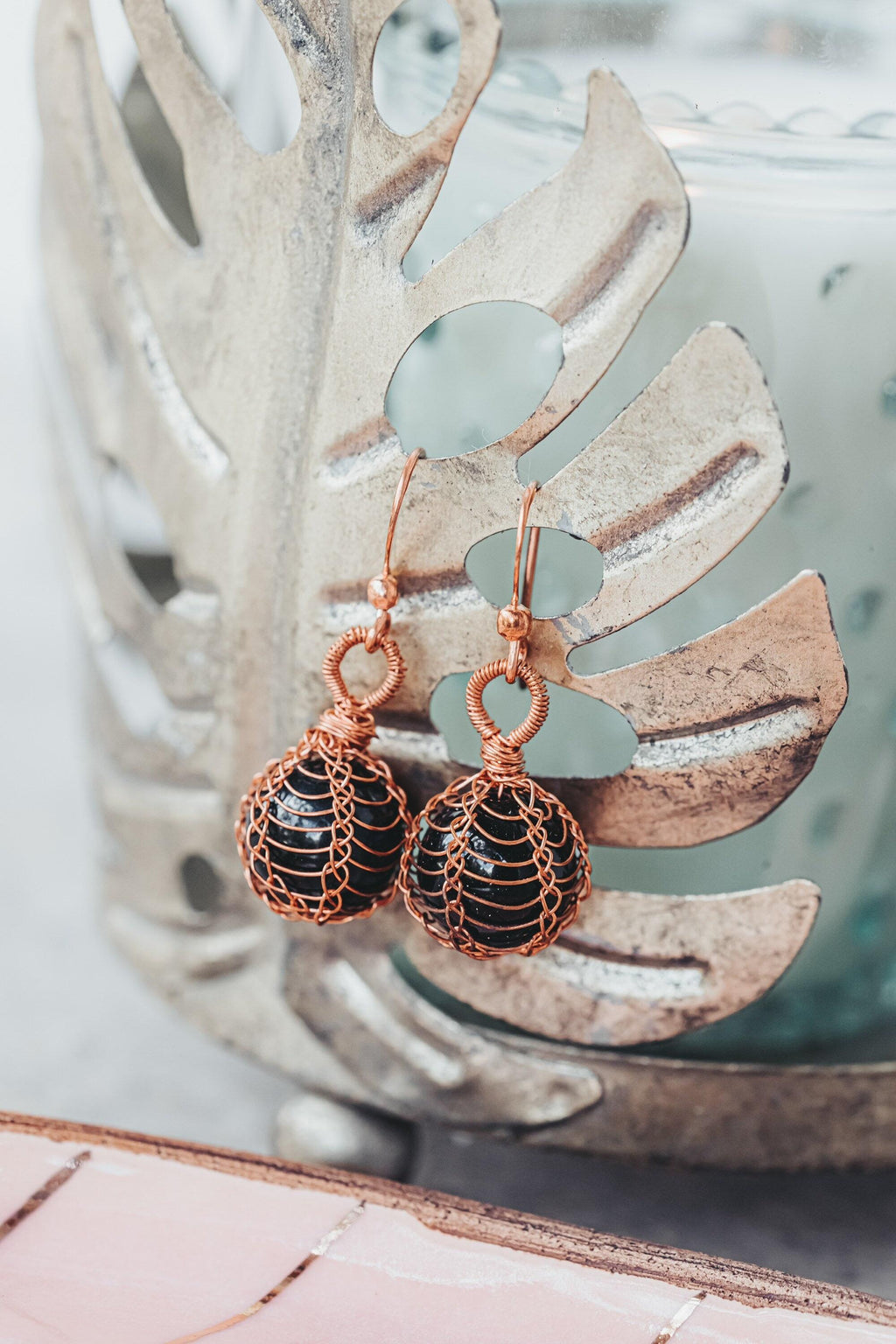 Black Onyx Jewelry Set, Copper Wire Wrapped, Necklace, Earrings, Gifts for Women, Pagan Gifts