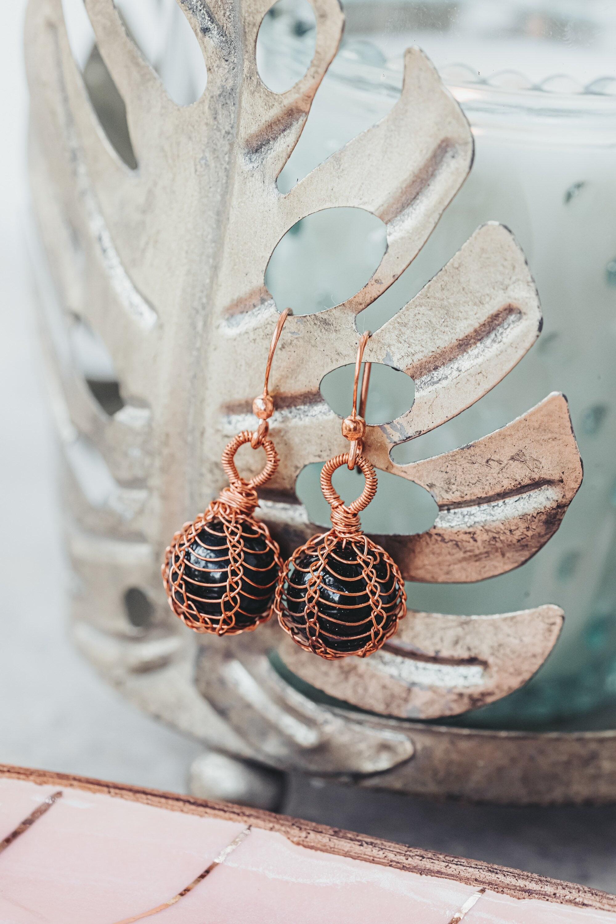 Black Onyx Jewelry Set, Copper Wire Wrapped, Necklace, Earrings, Gifts for Women, Pagan Gifts