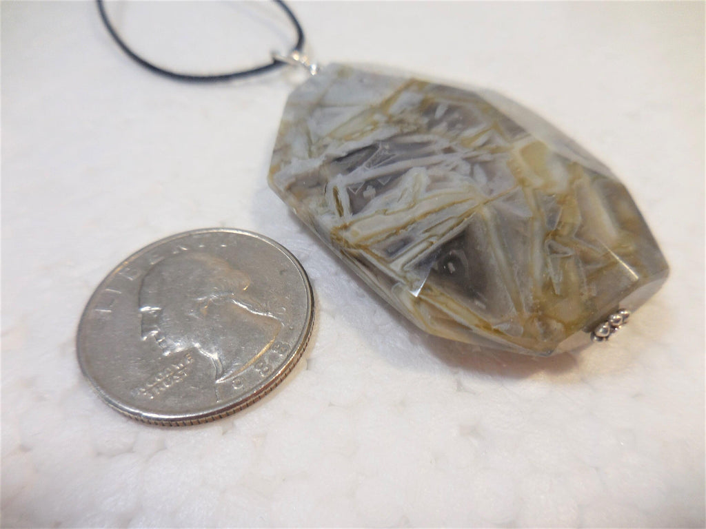 Large Agate Pendant, Silver Gemstone Pendant, Geometric Statement Jewelry, Agate and Silver Pendant, Silver Needle Agate