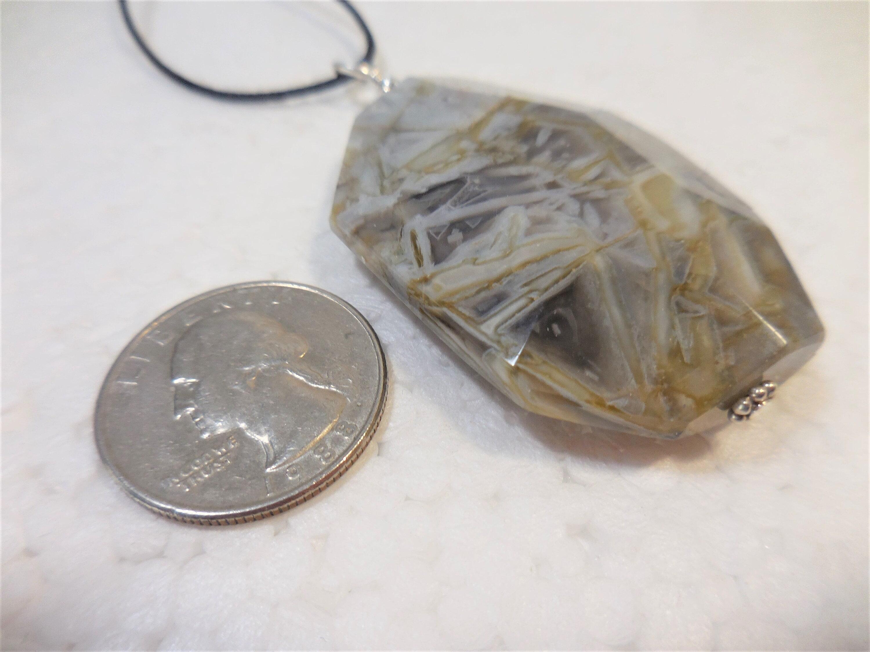 Large Agate Pendant, Silver Gemstone Pendant, Geometric Statement Jewelry, Agate and Silver Pendant, Silver Needle Agate