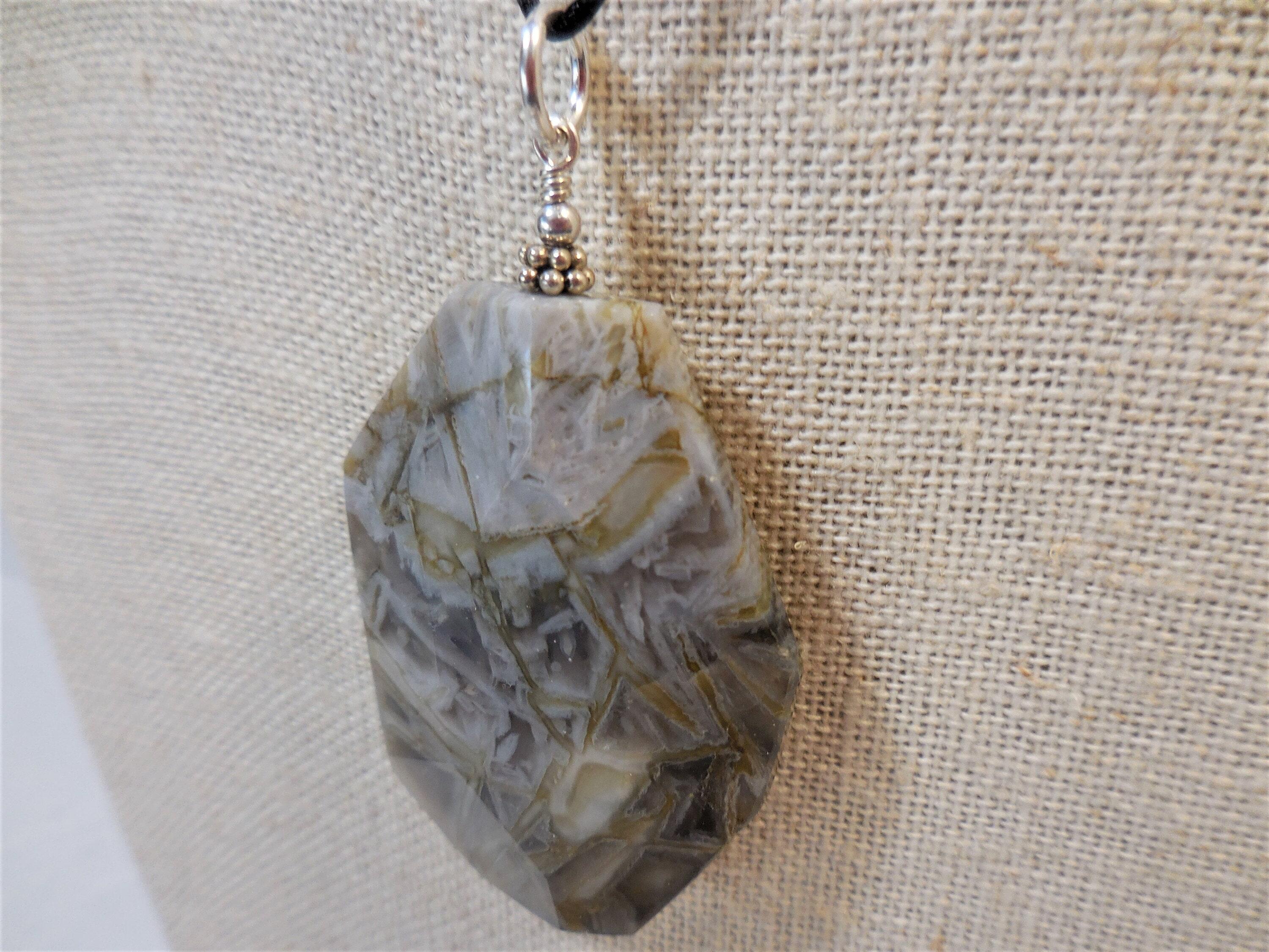 Large Agate Pendant, Silver Gemstone Pendant, Geometric Statement Jewelry, Agate and Silver Pendant, Silver Needle Agate