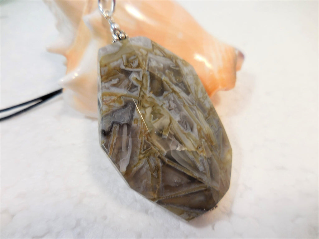 Large Agate Pendant, Silver Gemstone Pendant, Geometric Statement Jewelry, Agate and Silver Pendant, Silver Needle Agate