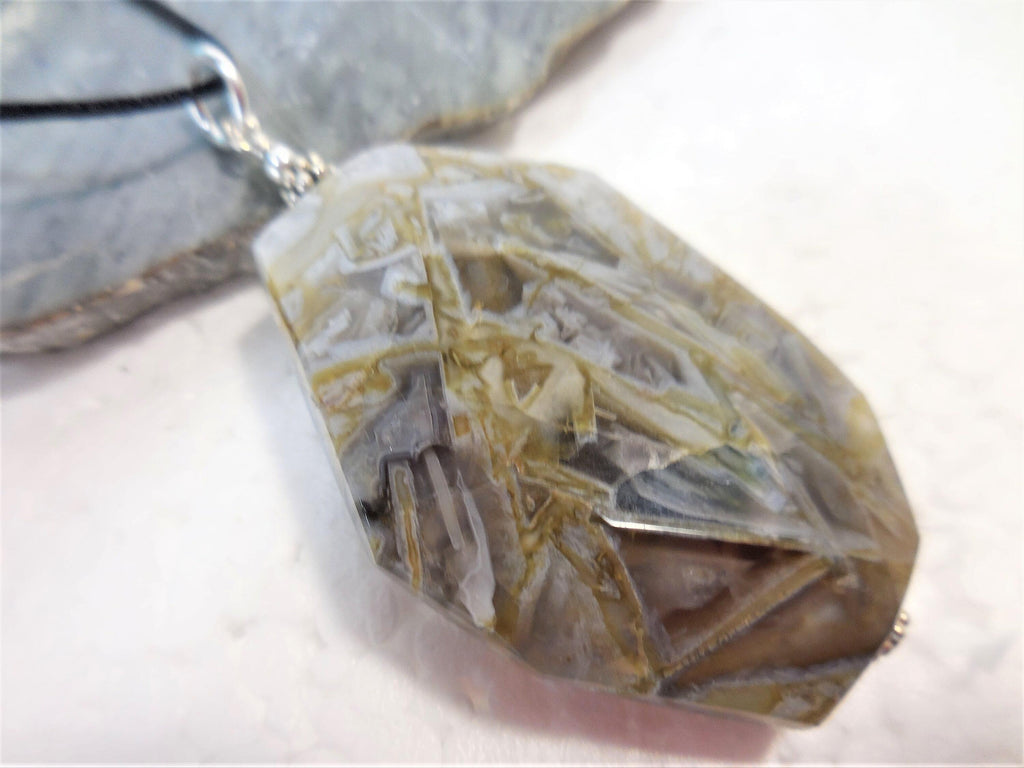 Large Agate Pendant, Silver Gemstone Pendant, Geometric Statement Jewelry, Agate and Silver Pendant, Silver Needle Agate