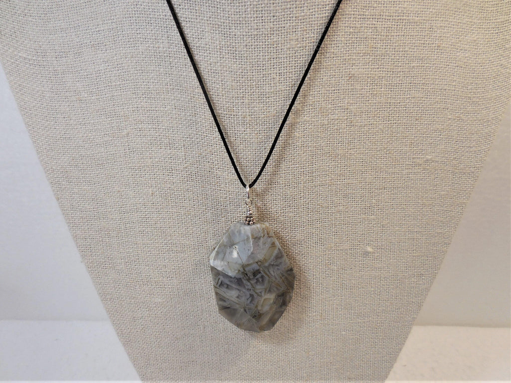 Large Agate Pendant, Silver Gemstone Pendant, Geometric Statement Jewelry, Agate and Silver Pendant, Silver Needle Agate