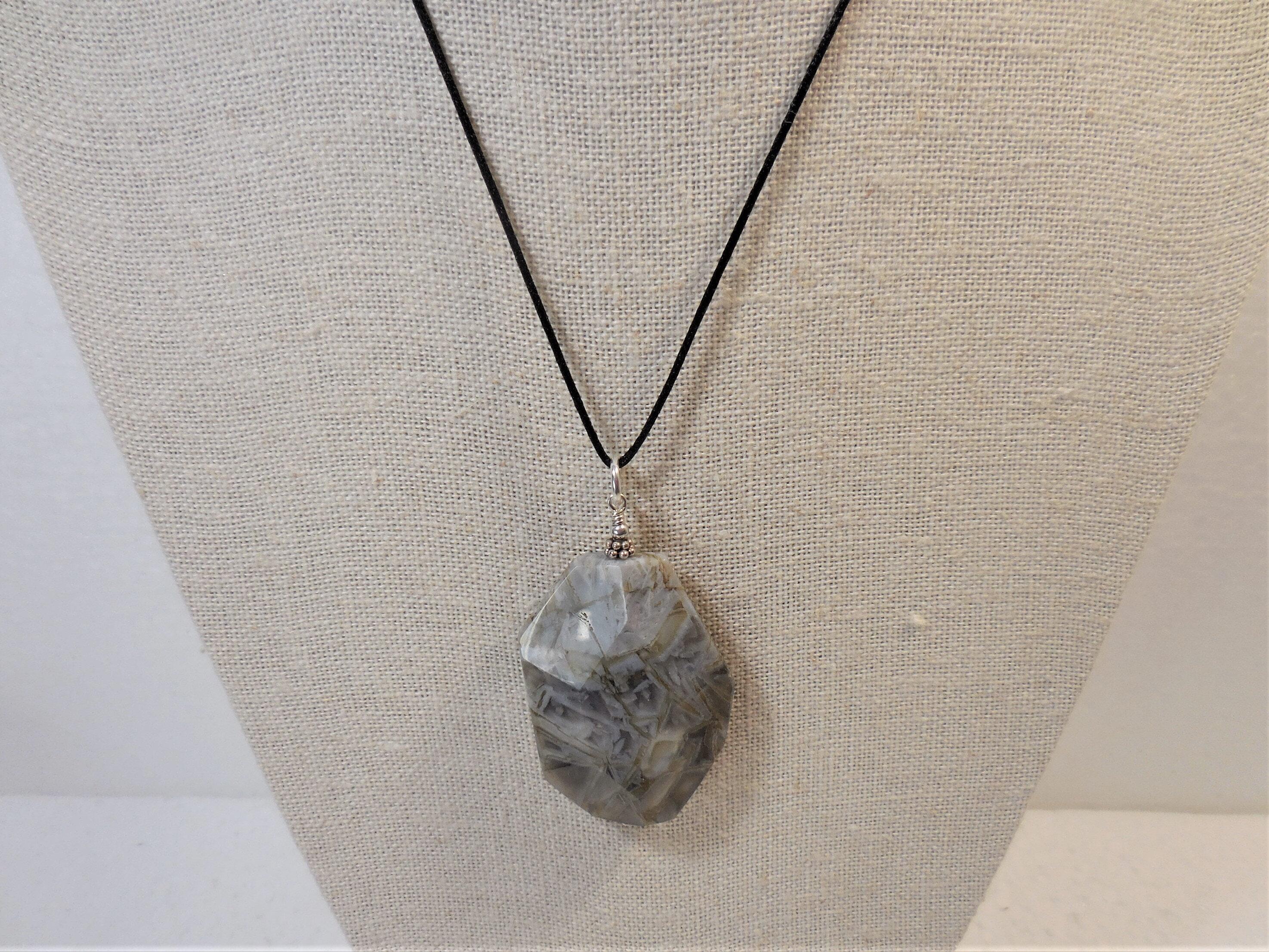 Large Agate Pendant, Silver Gemstone Pendant, Geometric Statement Jewelry, Agate and Silver Pendant, Silver Needle Agate