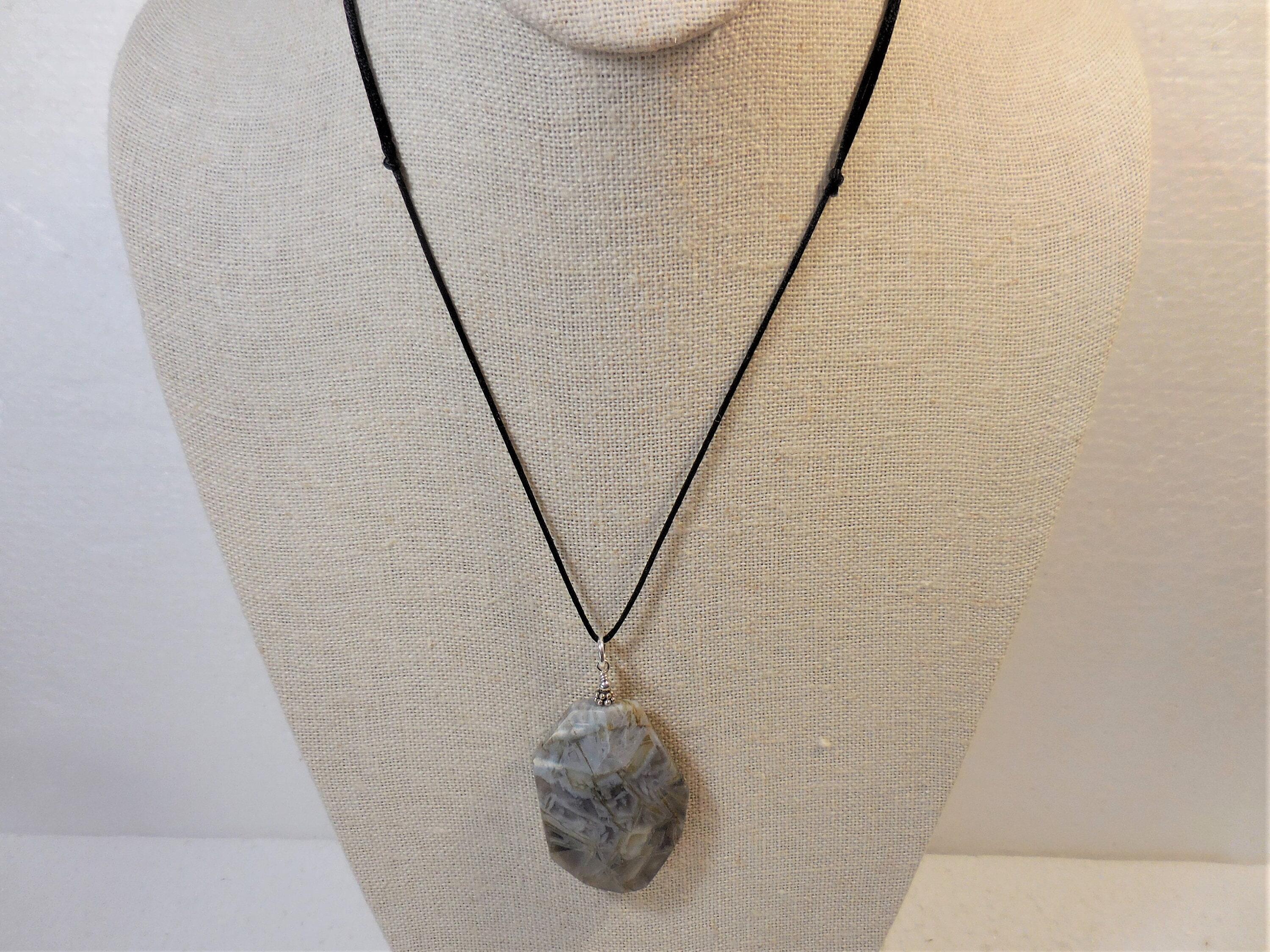 Large Agate Pendant, Silver Gemstone Pendant, Geometric Statement Jewelry, Agate and Silver Pendant, Silver Needle Agate