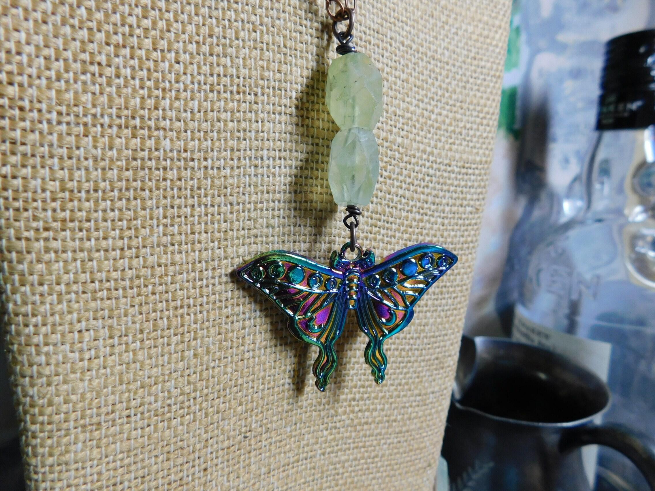 Darling Luna. Metalic Luna Moth pendant & Green Prehnite Chunky Nugget Necklace. 20" Copper Chain Necklace