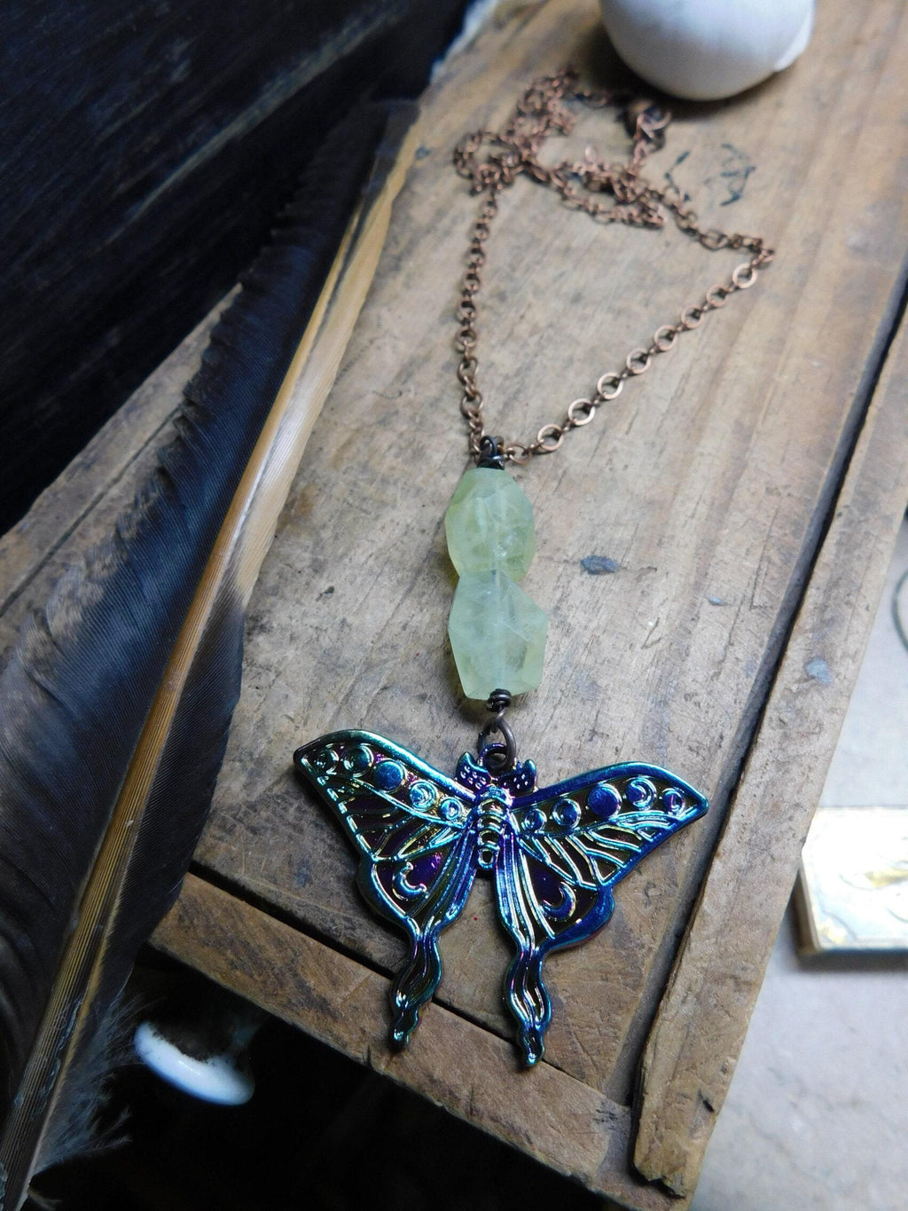 Darling Luna. Metalic Luna Moth pendant & Green Prehnite Chunky Nugget Necklace. 20" Copper Chain Necklace