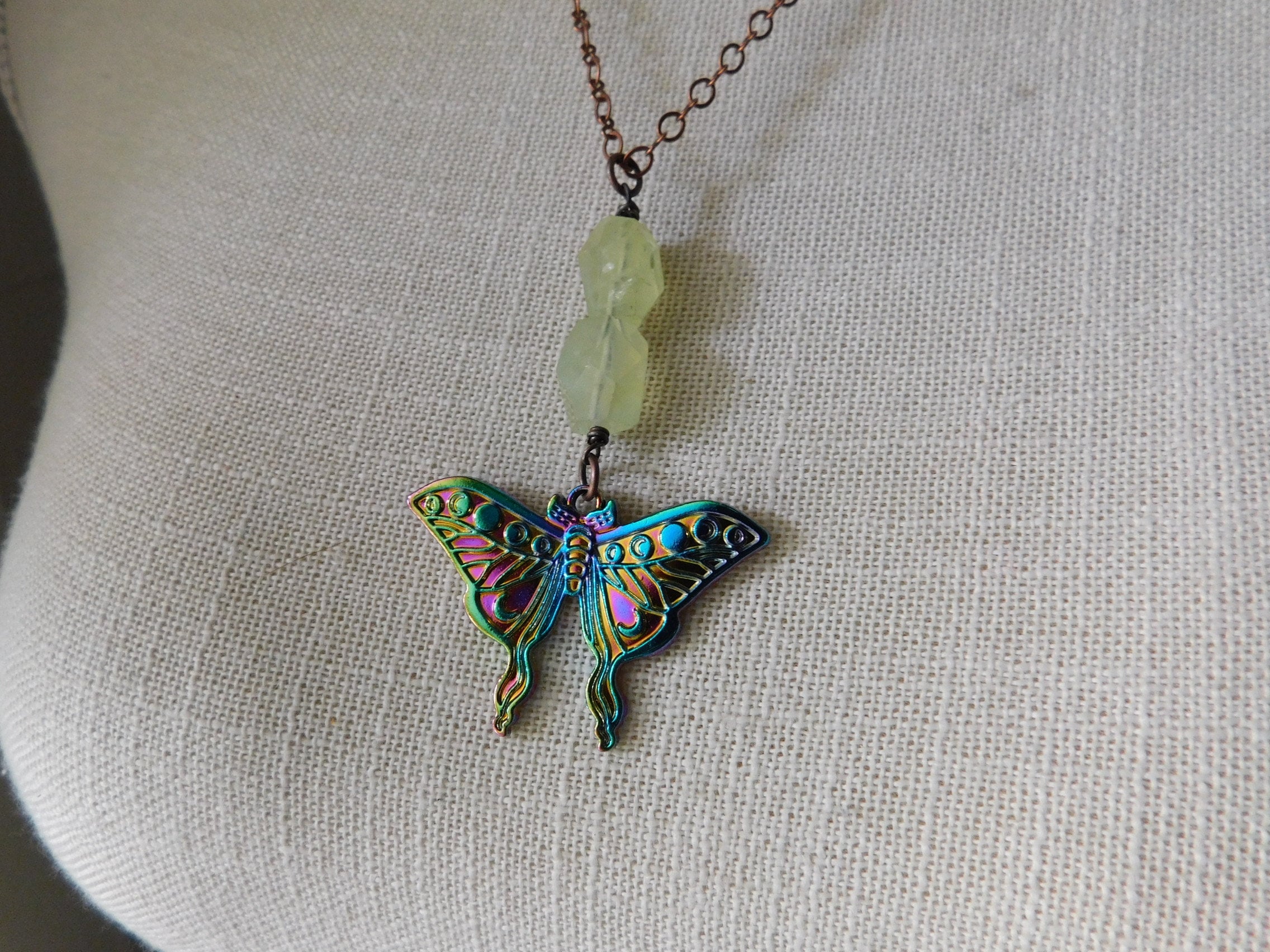 Darling Luna. Metalic Luna Moth pendant & Green Prehnite Chunky Nugget Necklace. 20" Copper Chain Necklace
