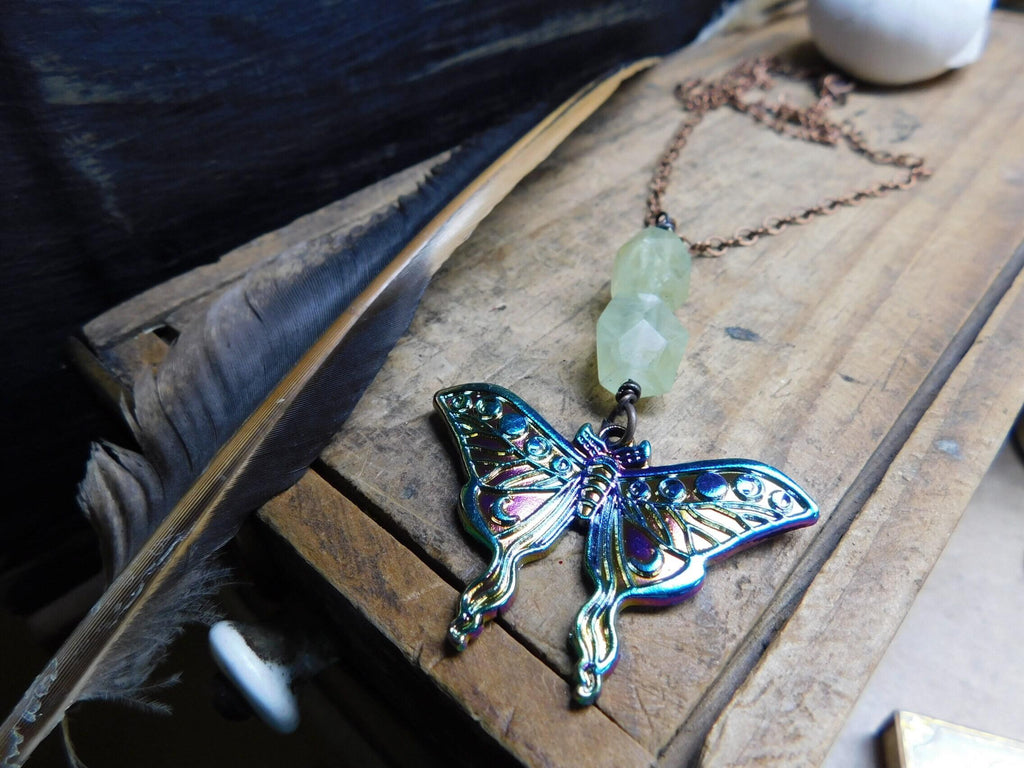 Darling Luna. Metalic Luna Moth pendant & Green Prehnite Chunky Nugget Necklace. 20" Copper Chain Necklace
